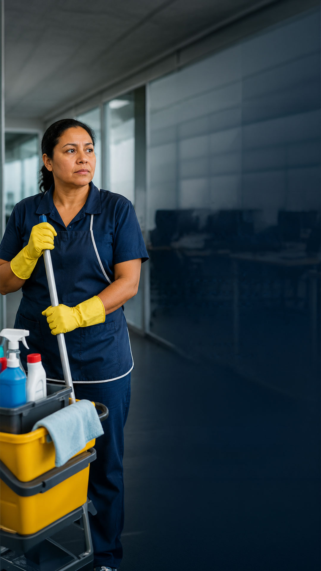 Faxineira com uniforme e luvas usando produto de limpeza